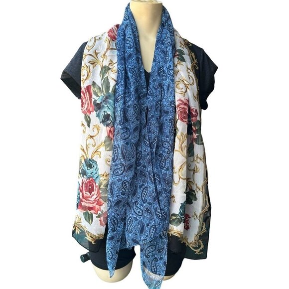Scarves Scarf Paisley Blue Floral Roses‎ Multicolor Set Of 2 Sheer 58"x 13" - Picture 12 of 12